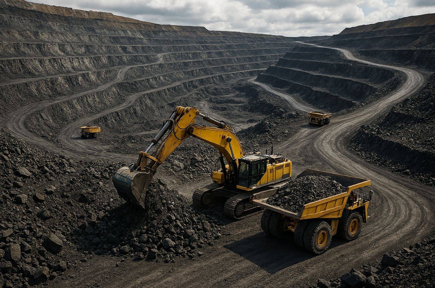 Excavator loading a haul truck in an opencast coal mine